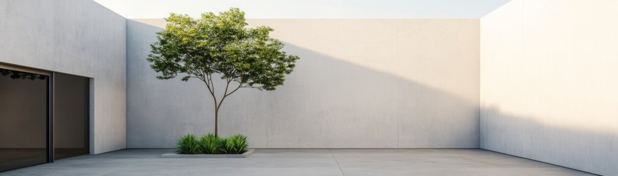 Serene Minimalist Concrete Courtyard A single green tree bathed in warm natural light, harmonizing modern architecture with tranquil nature. ,Zen,OutdoorLiving