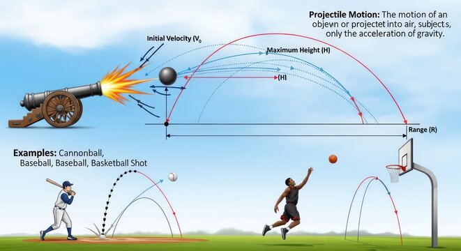 Projectile Motion Diagram Comparing Cannon Firing and Basketball Shot.