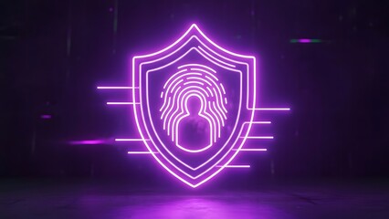 Fototapeta premium Neon shield icon with fingerprint and outline of person, digital identity