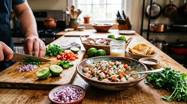 Ceviche, or cebiche, seviche, and sebiche, refers to a Latin American seafood dish made with shrimp and specific ingredients.