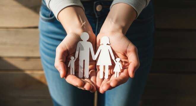 Hands holding paper family cutouts representing protection and care