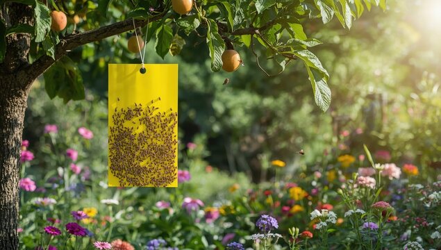 numerous flies adhered to a yellow sticky trap. dead flies cover yellow fly paper. house flies trapped on a garden fly trap. pest control trap hanging from a fruit tree.