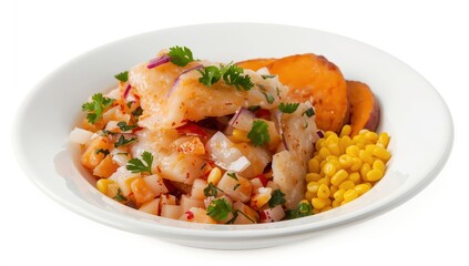 Fototapeta premium Ceviche from Peru featuring fish, sweet potato, corn, and vegetables on a white backdrop.