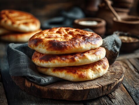 Traditional Kazakh taba nan bread, round homemade bread with golden crust, served on a wooden board