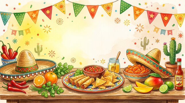 Mexican fiesta food and decorations with sombrero decoration celebration traditional watercolor