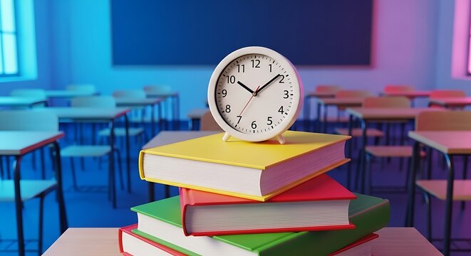 Back to school essentials books and clock in classroom setting