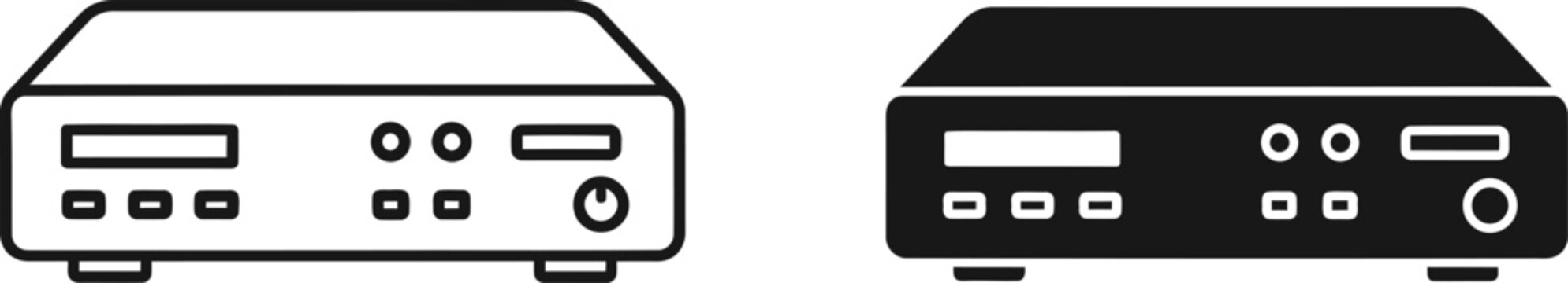 Audio receiver and amplifier outline and solid icons on white background for technology concepts