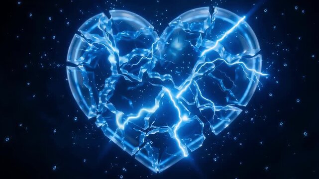 Glowing blue heart shattering into many glass pieces with electric energy crackling in slow motion