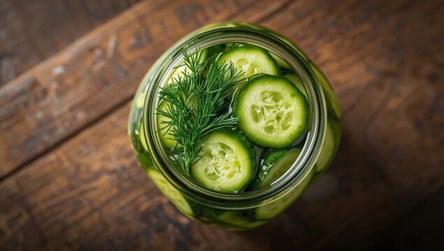 Marinated cucumber slices in a jar with dill. Homemade pickles. Focused shot, horizontal.
