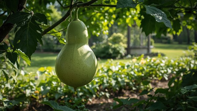 Benincasa hispida, or wax gourd, grows on trees and is consumed as a vegetable when ripe.
