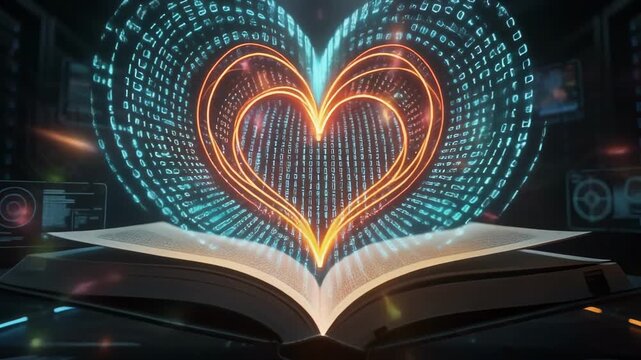 Futuristic digital code glowing inside dark tech room with open sci fi book and vibrant light effects