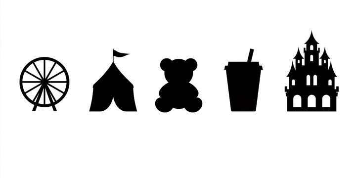 Amusement Park Icons: Ferris Wheel, Circus Tent, Teddy Bear, Cup, and Haunted House