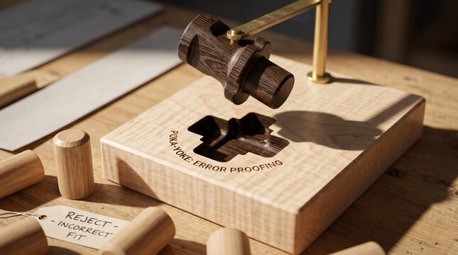 Poka-Yoke mistake-proofing principle concept featuring a hand-crafted wooden puzzle mechanism on a workbench 16 : 9