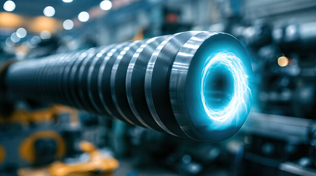 Electric Blue Glow on Metallic Auger in Industrial Workshop, Blurred Machinery Background