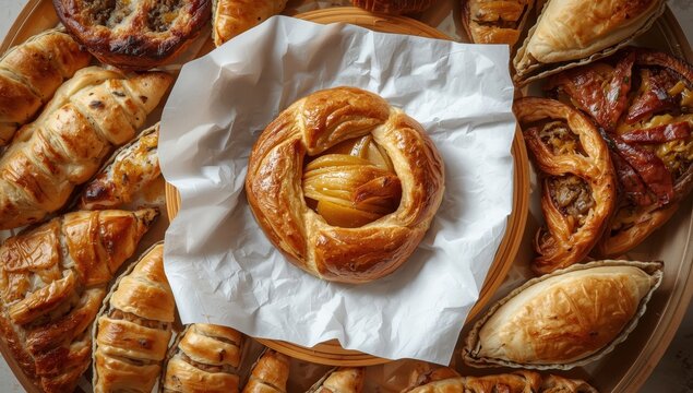 Apple-filled rolled pastry on white parchment. Delicious Moldavian and Ukrainian treat. Overhead view.