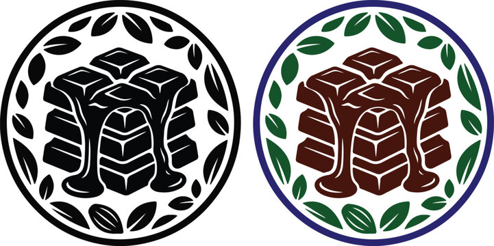 Chocolate bar stack with cocoa leaves emblem showing liquid syrup pouring over dark squares.