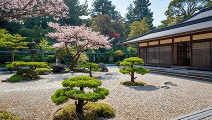 Fototapeta premium A beautiful Zen garden in Osaka features carefully placed rocks, trimmed shrubs, and classic architecture close to Shitenno-ji Temple.