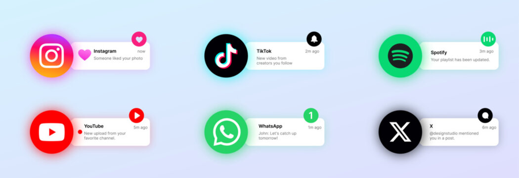 Instagram TikTok Spotify YouTube WhatsApp X Social Media Notification Popup Mobile UI Message Alert Icon Set