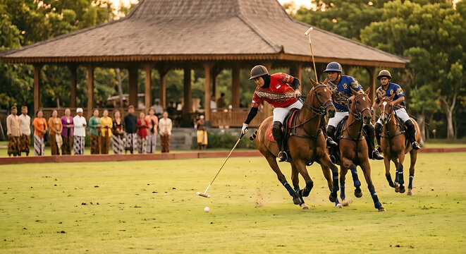 Action shot of professional players competing in a polo match on horseback in a traditional setting