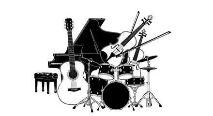 Musical instruments arranged together including piano guitar violin and drums on a white background perfect for music concepts © Prema