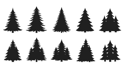 Obraz premium Set of black silhouette pine trees on grid background for design and decoration