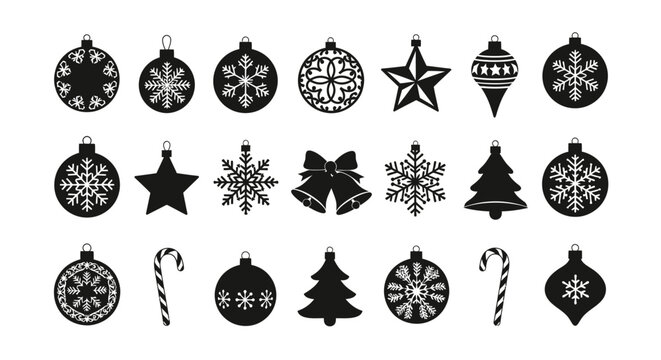 Black christmas icons set including ornaments stars bells trees and candy canes on white background