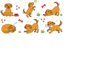 Fototapeta premium Cute Golden Retriever Puppy Character Vector Set with Little Brown Dogs Playing Sleeping Stretching and Holding Bone for Kids and Pet Care Designs