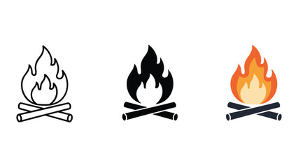 Campfire with logs icon set featuring clean outline solid black silhouette and vibrant orange and yellow flat design for outdoor camping survival hiking adventure and nature recreation project themes © TajuStock
