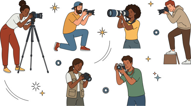 Diverse Photographers Vector Character Set with Professional Cameras Tripod Telephoto Lenses Shooting and Taking Photos for Photography Media and Creative Industry Designs