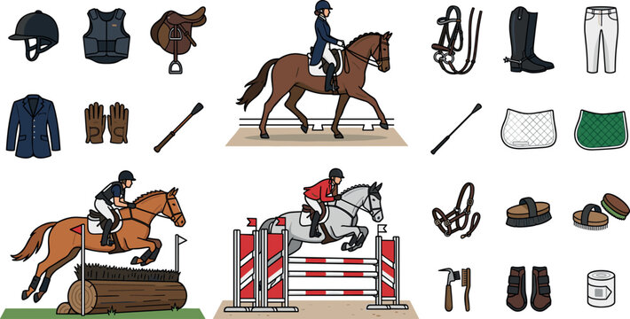 Equestrian Riding and Horse Jumping Illustration Set with Dressage Rider, Tack Equipment, Riding Boots, Helmet, and Stable Accessories