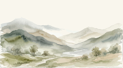 Watercolor mountain landscape with river misty valley green hills hand painted oriental nature background vector.eps © Designs