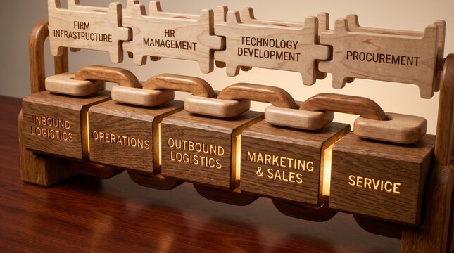 Michael Porter's Value Chain Analysis concept visualized with connected wooden links and platforms 16 : 9