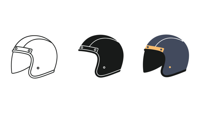 Motorcycle helmet icon set with visor in line solid and flat design styles for safety and automotive apparel concepts