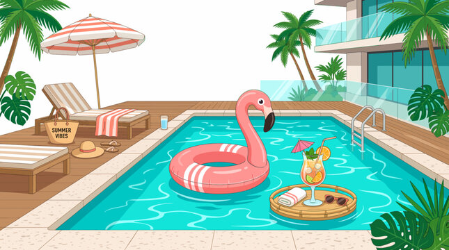 Tropical resort swimming pool with flamingo float and cocktail