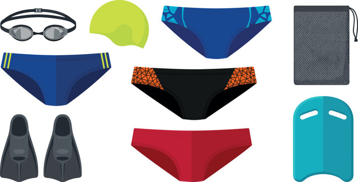 Swimming Gear and Competition Swimwear Illustration Set with Goggles, Swim Caps, Fins, Kickboard, and Athletic Pool Accessories