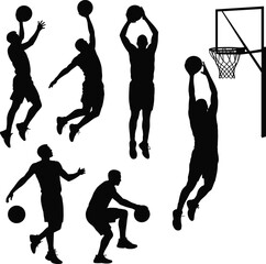 Basketball Player Silhouettes Collection Featuring Dribbling Jump Shot Dunk and Hoop Isolated Vector Style Sports Set © MSTMONIRA
