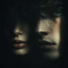 Fototapeta premium Dark cinematic portrait of two faces in heavy shadow