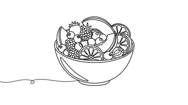Animation of line drawing of a fruit salad bowl, symbolizing freshness, healthy habits, and colorful nutrition.
