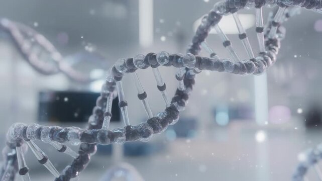 Transparent DNA double helix strand twisting slowly in bright sterile laboratory environment