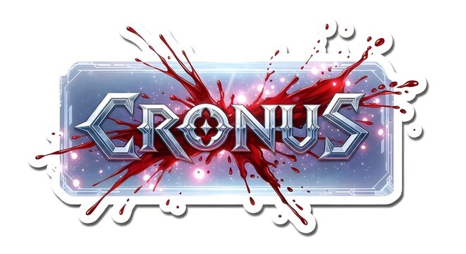 Dark fantasy game logo featuring the title &ldquo;Cronus&rdquo; with metallic typography, cosmic background, and dramatic blood splash effects. Intense visual style and sci-fi fantasy elements create a powerful.