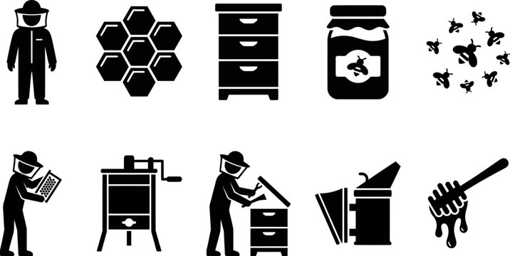 Beekeeping icons set with beekeeper beehive honey jar smoker and bees on white