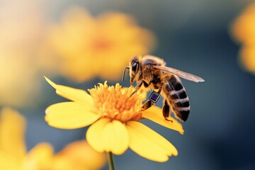 Naklejka premium Honeybee collecting pollen on flower with electronic tracker nature macro photography close-up view