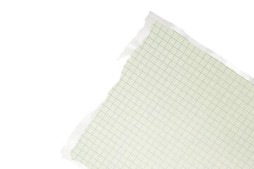 Fototapeta premium Torn graph paper piece isolated on white background with copy space ripped corner of green grid notebook sheet note pad element for scrapbooking collage minimalist graphic design layout.