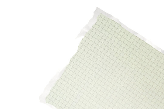 Torn graph paper piece isolated on white background with copy space ripped corner of green grid notebook sheet note pad element for scrapbooking collage minimalist graphic design layout.