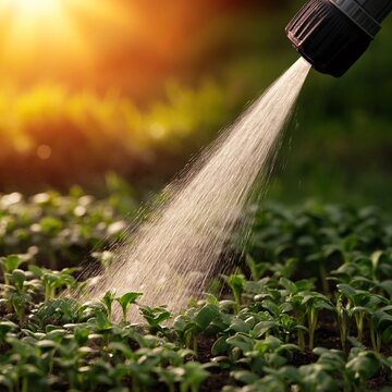 Smart irrigation system spraying fine mist on young plants in agricultural field at sunset