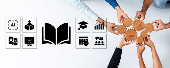 Obraz premium Hands from diverse individuals gather around symbols of knowledge and teamwork, representing collaboration and the integration of education in modern practices for growth and innovation. Ledger
