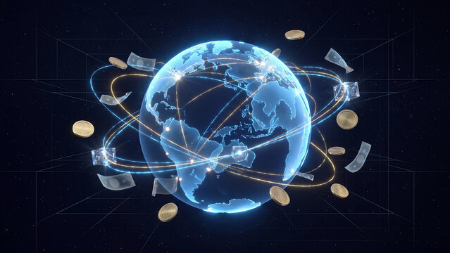 Global financial network concept connecting worldwide economy through international money transfer currency exchange trade and digital banking transactions for cross border business growth