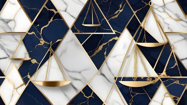 Elegant geometric pattern with golden scales of justice on luxurious blue and white marble triangles. Abstract background.
