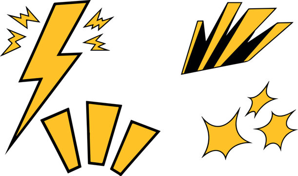 Yellow comic book style sound and impact effect elements for graphic design and animation projects