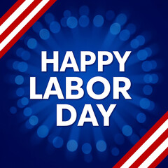 Labor day typographic design with blue bokeh and red stripes